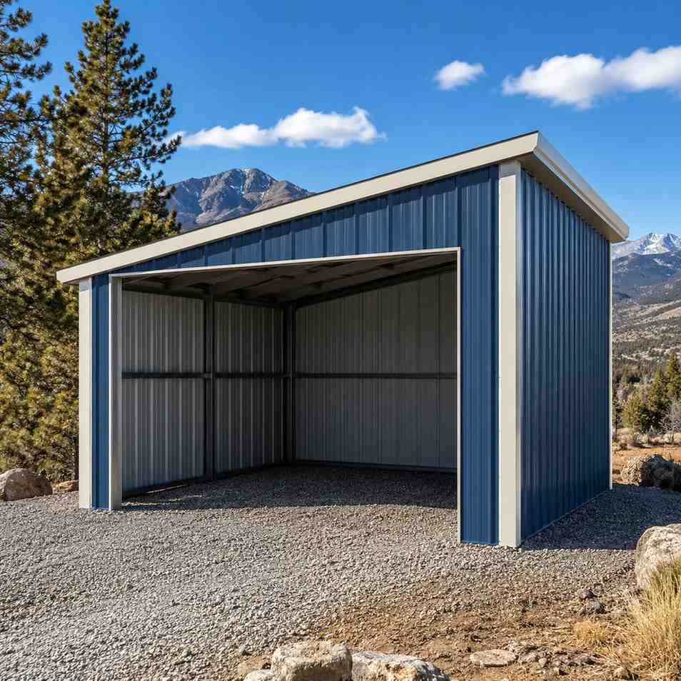 Blue metal shed with single-slope roof and open front in rocky mountain terrain
