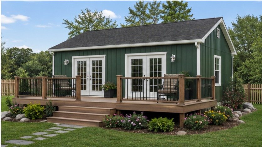 Forest green metal shed conversion with double French doors and a wraparound wood deck