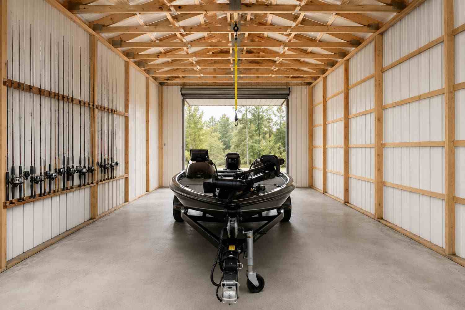 Boat trailer inside a metal shed interior with fishing rod racks on steel building walls