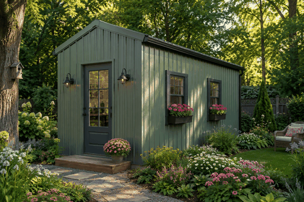 Sage green metal shed with glass-paned door, window flower boxes and cottage garden