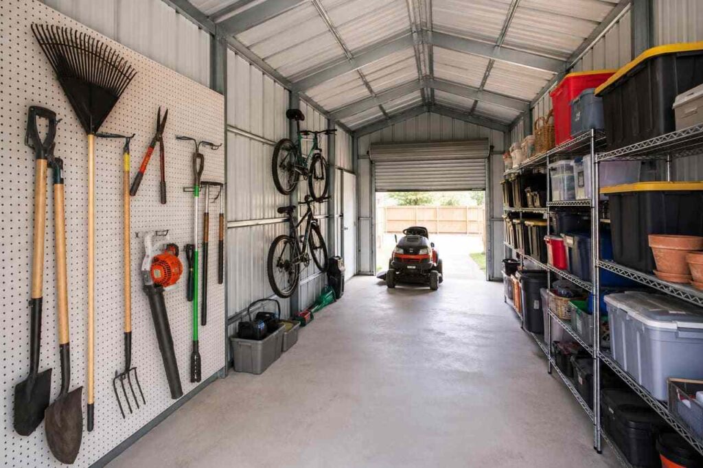 Metal shed storage interior with wire shelving, bins, hanging bikes, and riding mower entering