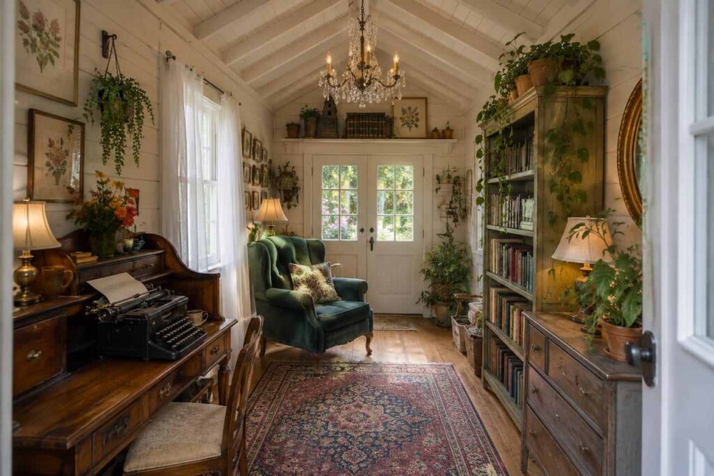 Vintage reading room interior inside a metal shed with chandelier, armchair, and bookshelves