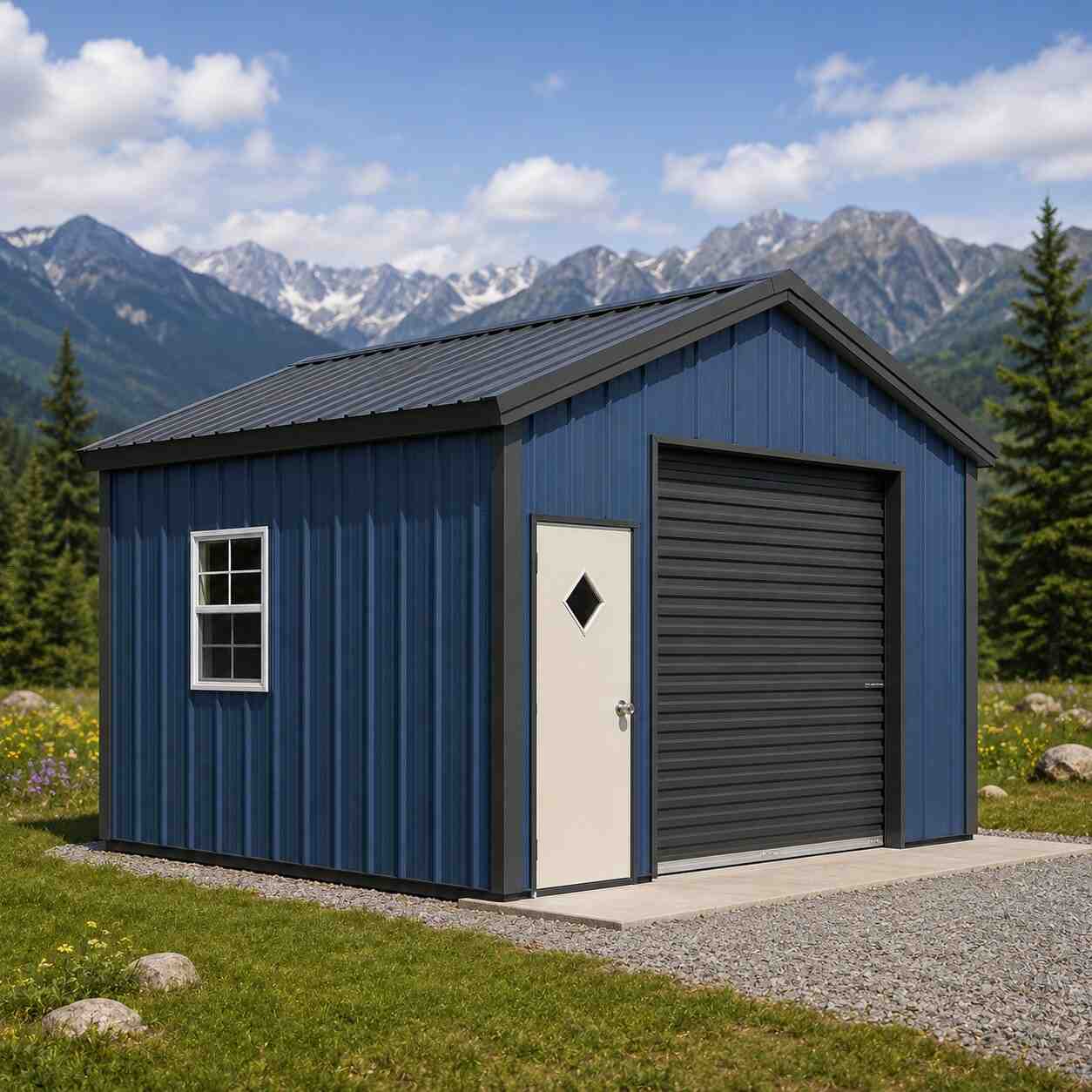 Blue metal workshop with black roll-up door and diamond-window entry in a mountain meadow