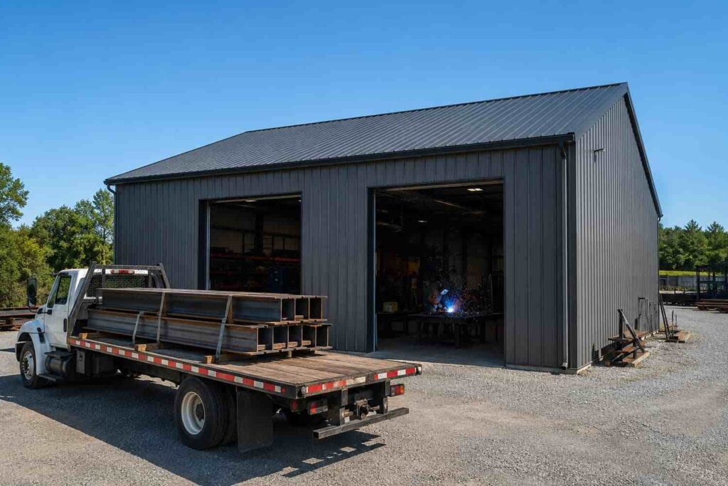 Charcoal metal workshop with vertical panels and flatbed truck delivering steel beams outside