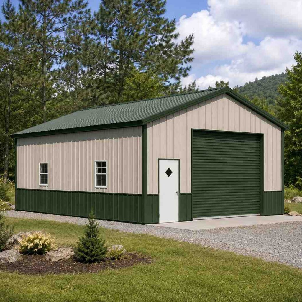 Cream metal workshop with green wainscoting, green roll-up door and white entry