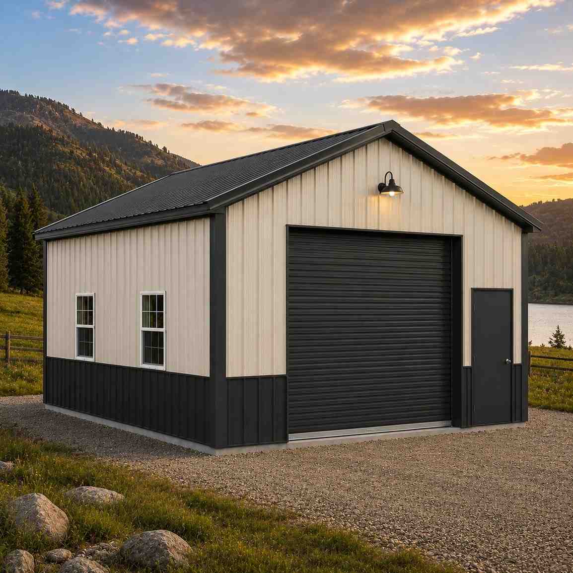 Cream metal workshop with black wainscot and roll-up door against sunset mountains