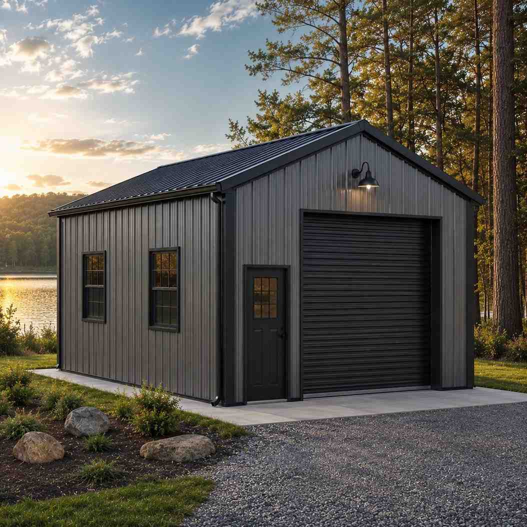 Driftwood gray metal workshop with black roll-up door and entry near a sunset lake