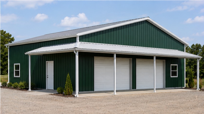 Forest green metal workshop with two white garage doors under a covered side porch