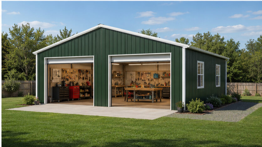 Forest green metal workshop with double roll-up doors open to tool benches and pegboards