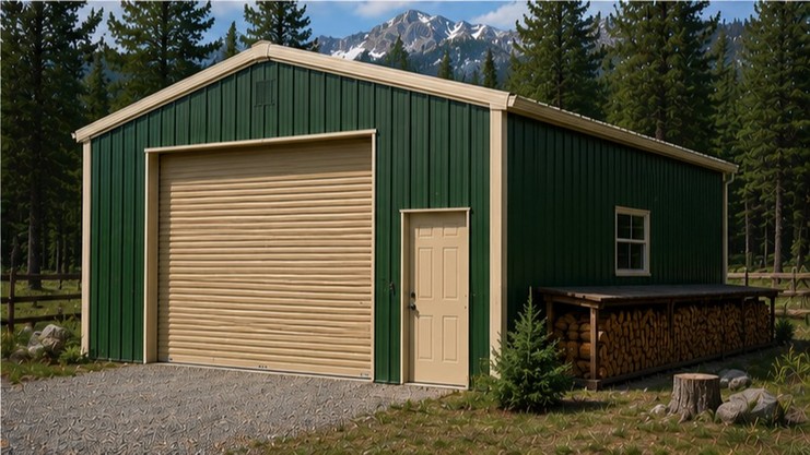 Forest green metal workshop with tan doors and stacked firewood rack near mountain pines