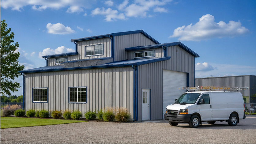 Light gray metal workshop with clerestory windows, navy accents, and a white work van outside