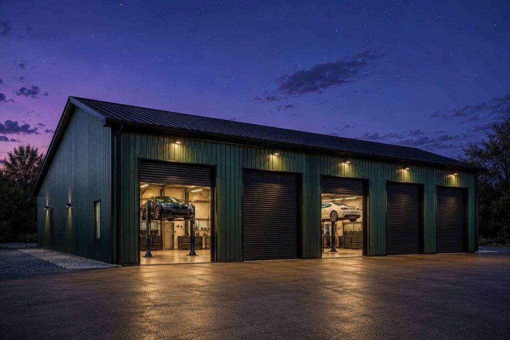 Green metal workshop at night with open bays showing cars on two post lifts