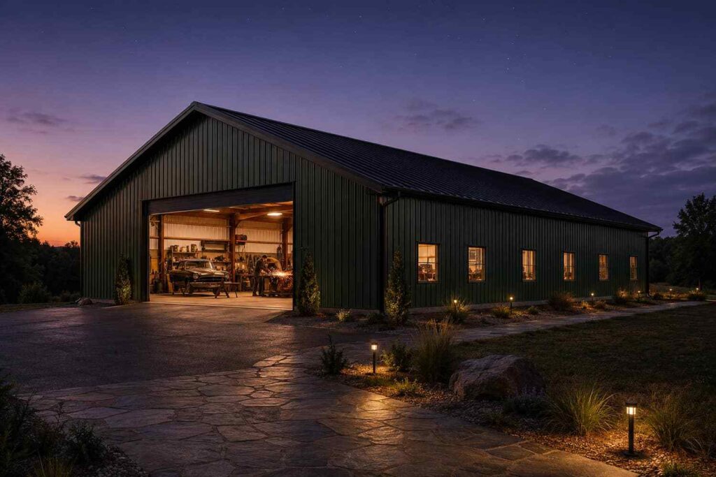 Green metal workshop at twilight with classic car restoration glowing in open bay