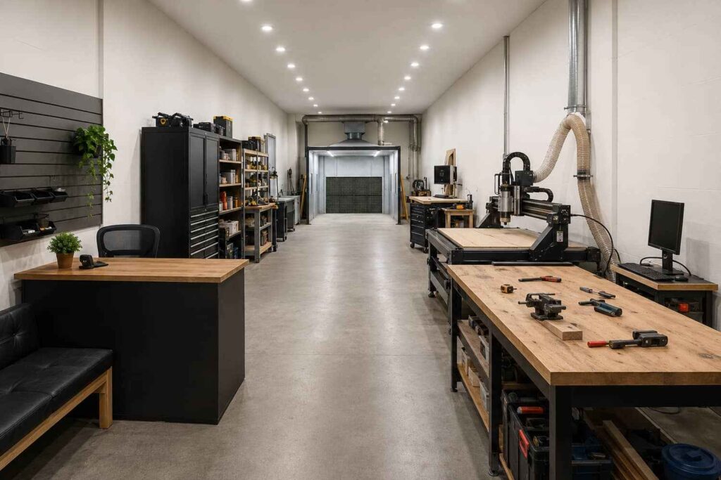 Metal workshop interior set up as a hobby shop with CNC router, workbenches, and spray booth