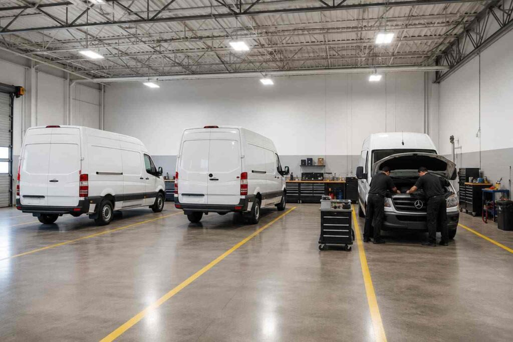 Metal workshop interior with white fleet vans and technicians servicing an engine bay