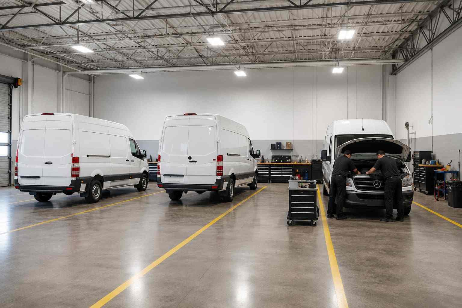 Interior of 50x80 fleet garage with service stalls and mechanics
