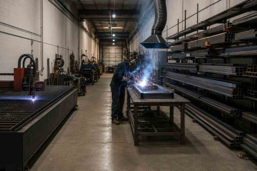 Welder working inside a metal workshop with a plasma table and steel building stock racks