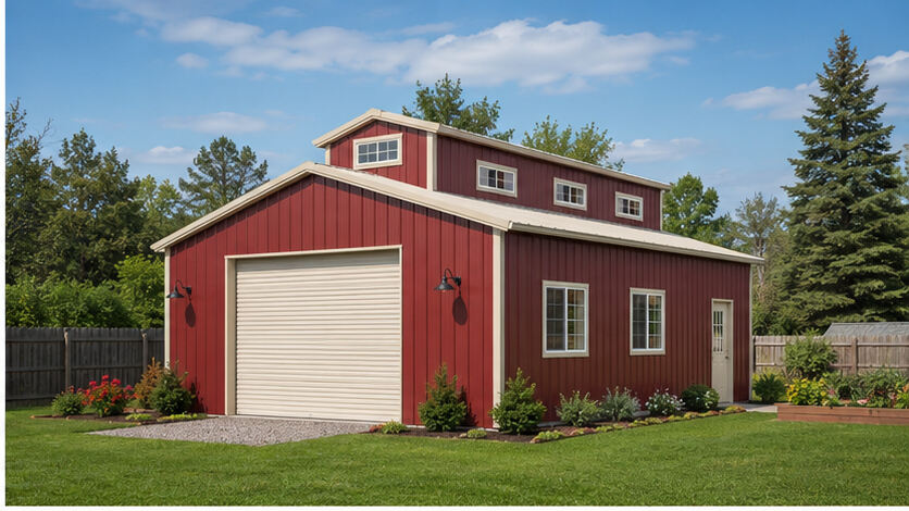 Barn red metal workshop with monitor roof, cream roll-up door and backyard garden beds