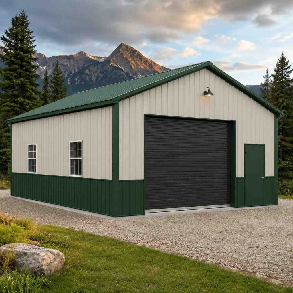 White metal workshop with green roof, green wainscoting and black roll-up door below a mountain peak