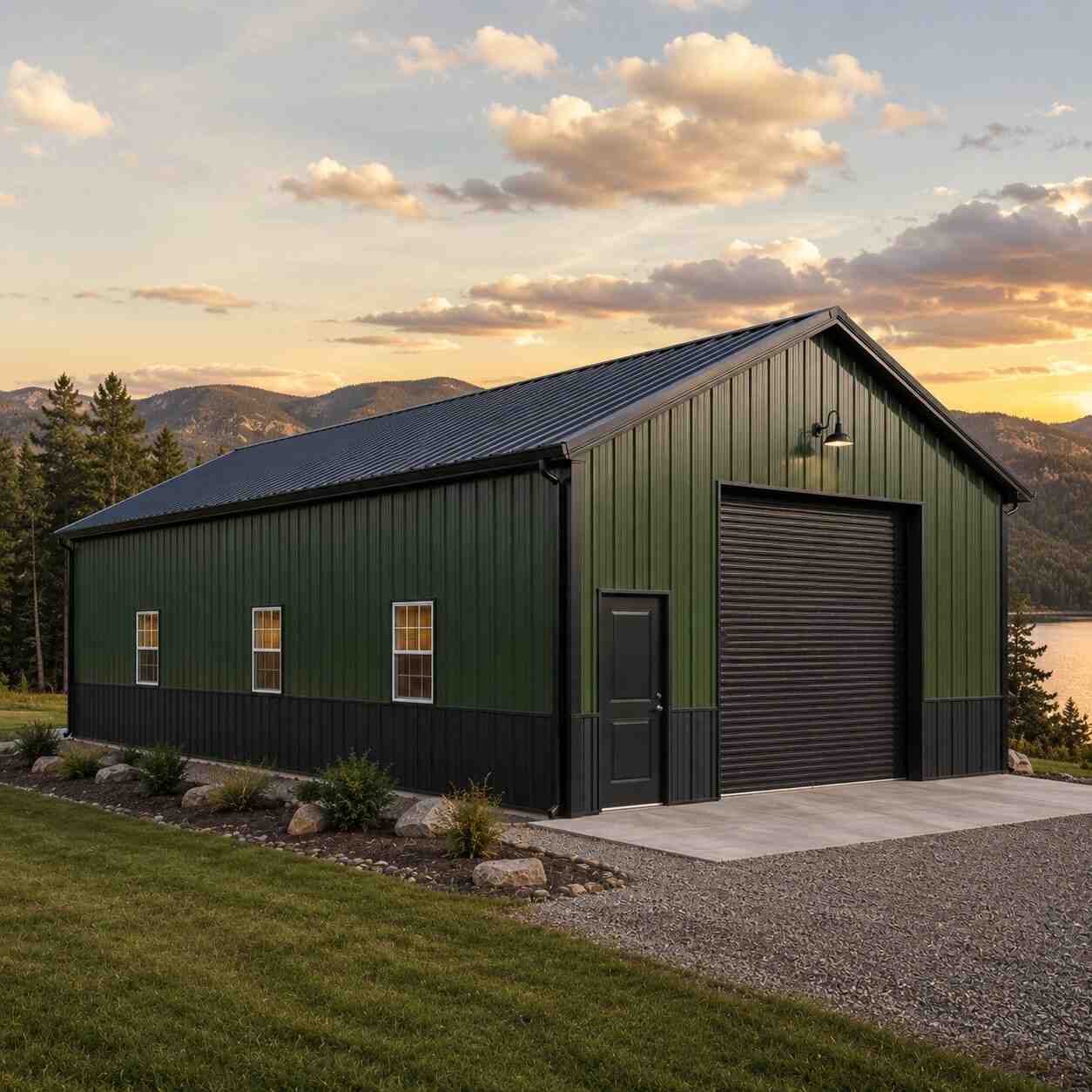 Tan metal building cafe with covered lean to patio and outdoor dining tables