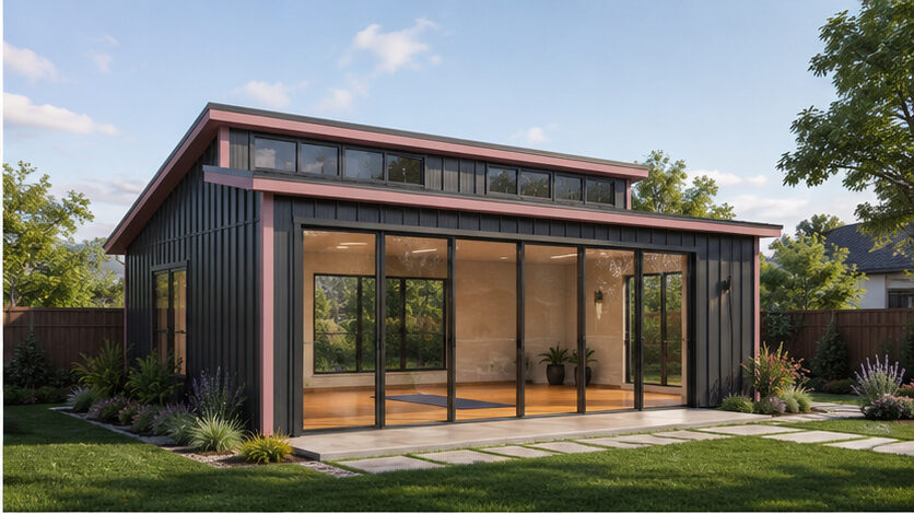 Muted charcoal prefab metal building yoga studio with monitor style windows and glass doors