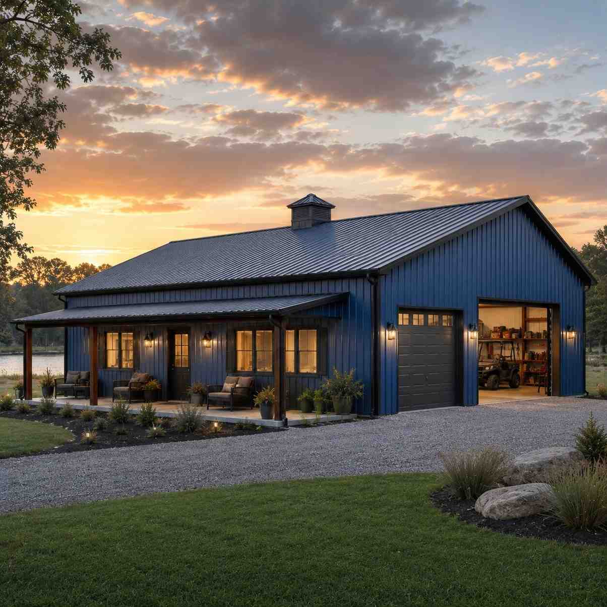 Navy blue metal building with cupola, covered porch and open steel garage bay at sunset
