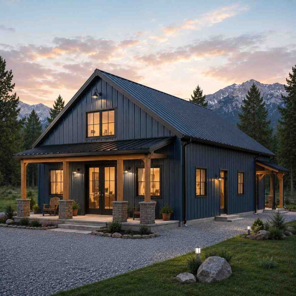 Navy metal building barndominium home with timber porch posts and lit windows below mountain peaks