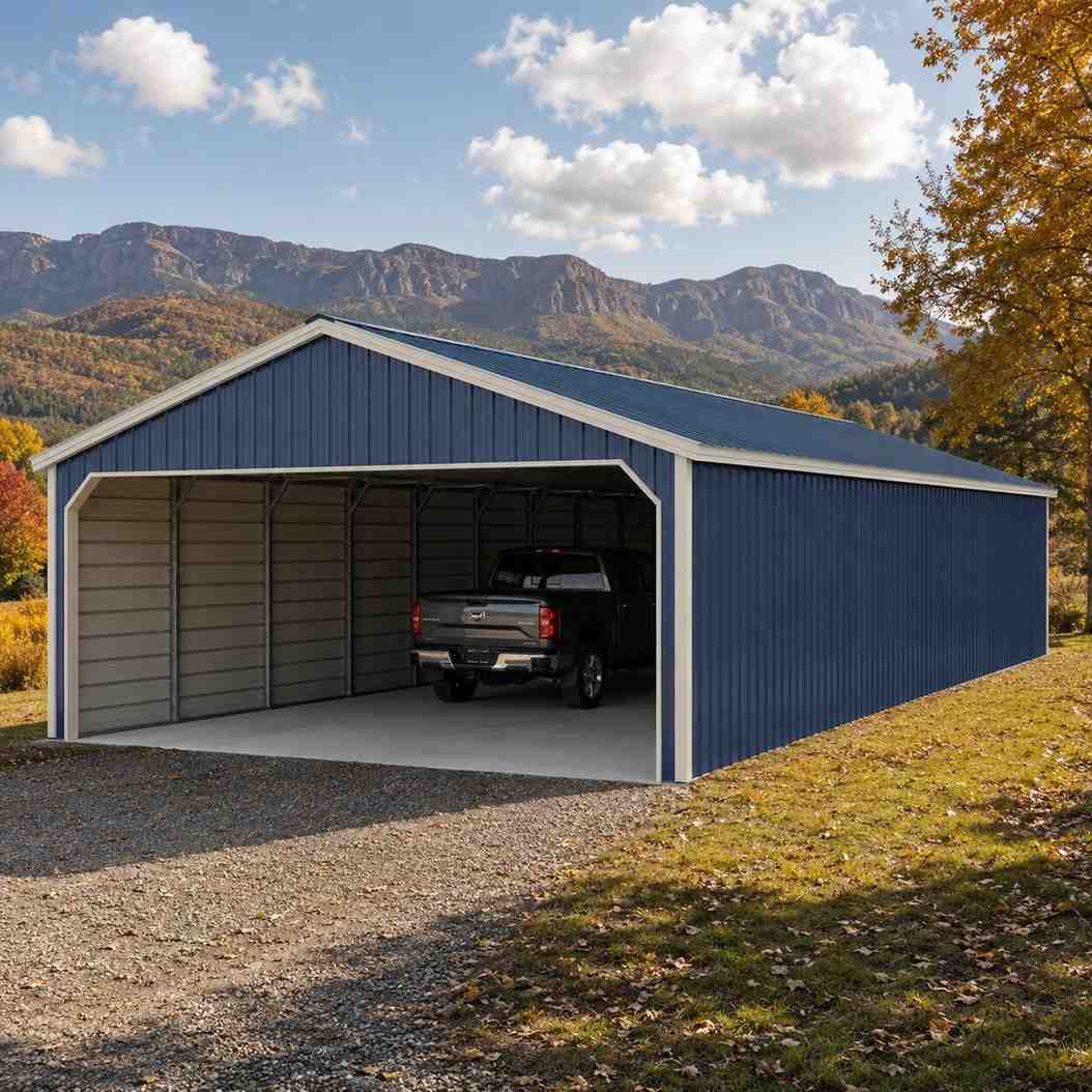 Tan metal carport with enclosed sides sheltering a pickup truck in rolling green hills