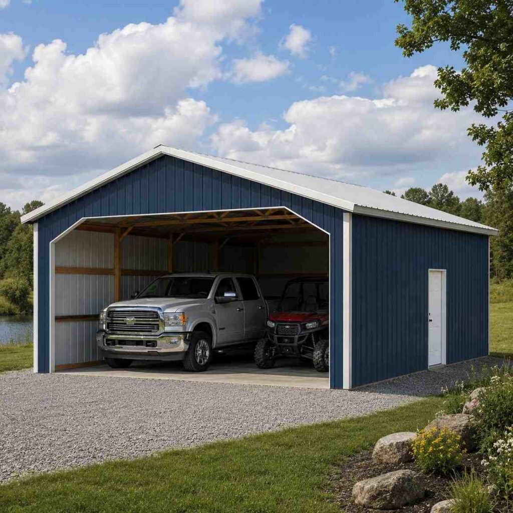 Navy metal carport with white trim sheltering a silver truck and red UTV