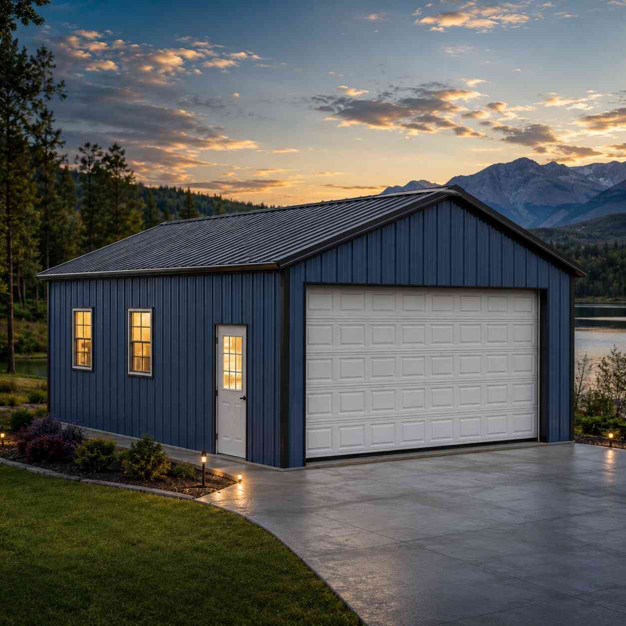Navy metal garage with white double sectional door and lit windows at dusk