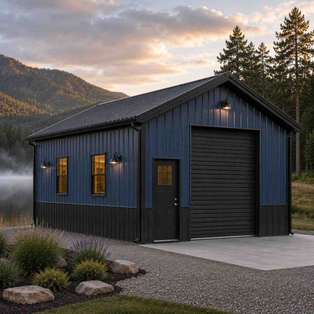 Navy metal workshop with black roll-up door and lit windows over a misty mountain lake
