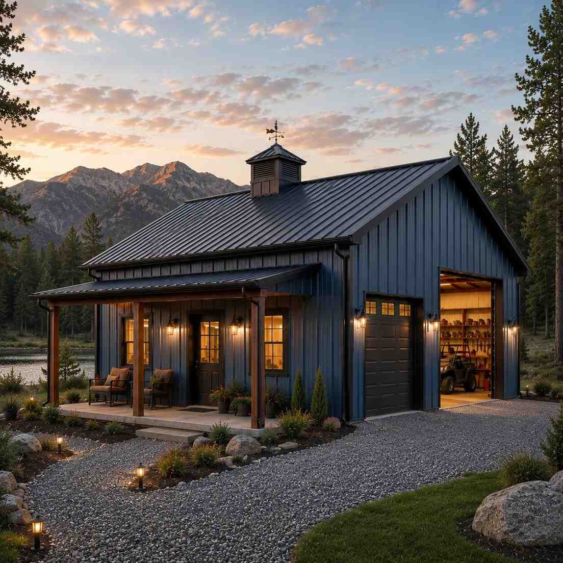 Navy prefab metal building home with cupola, lit porch and open garage at mountain dusk