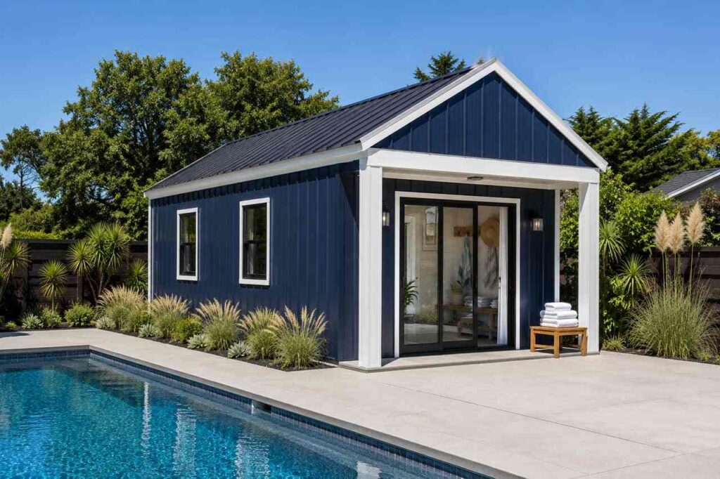 Navy steel building pool house with white trim and sliding glass doors beside an inground pool