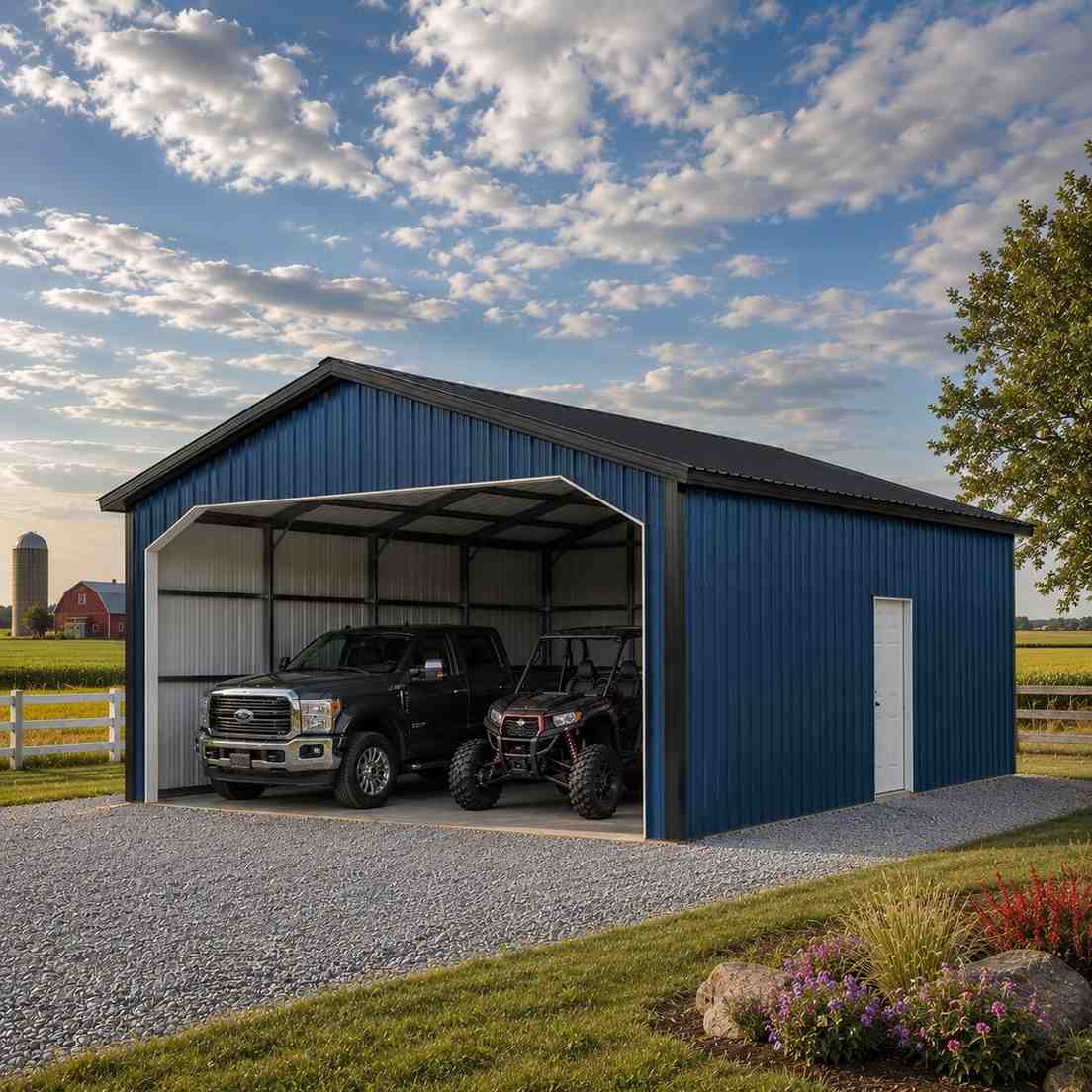 Navy steel carport sheltering a black pickup and UTV beside a red barn