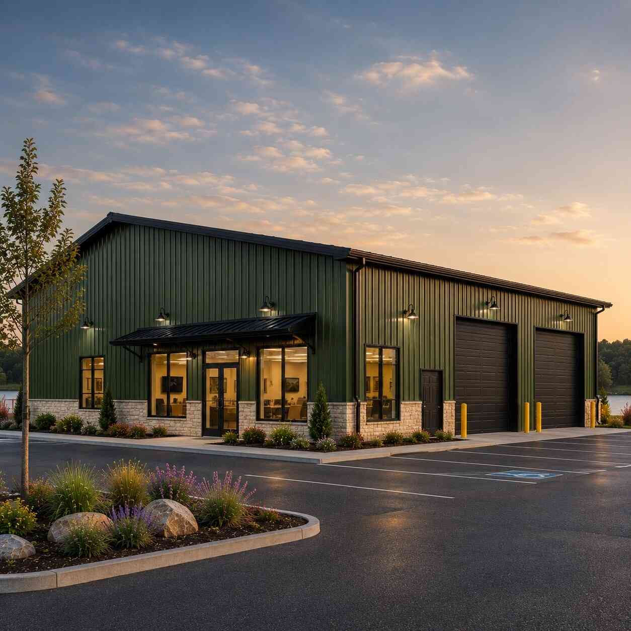 Olive commercial metal building with glass office storefront, awning and two roll-up bays