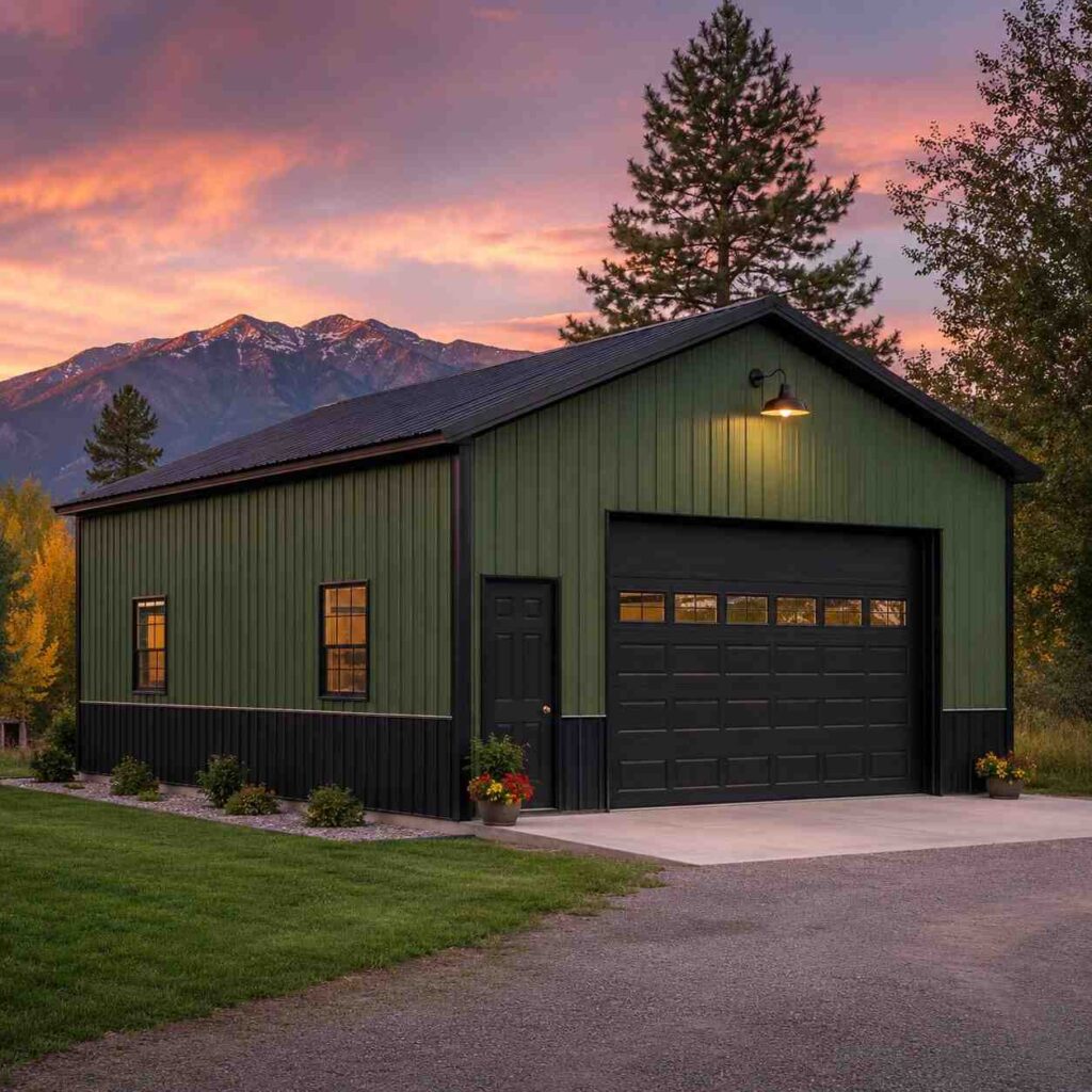 Olive green steel garage with black wainscot and windowed garage door at sunset