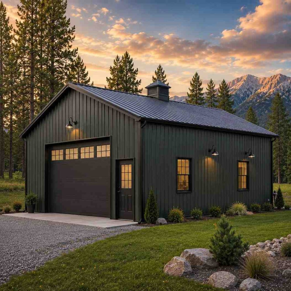 Olive metal workshop with windowed sectional door, cupola, and glowing windows at mountain sunset
