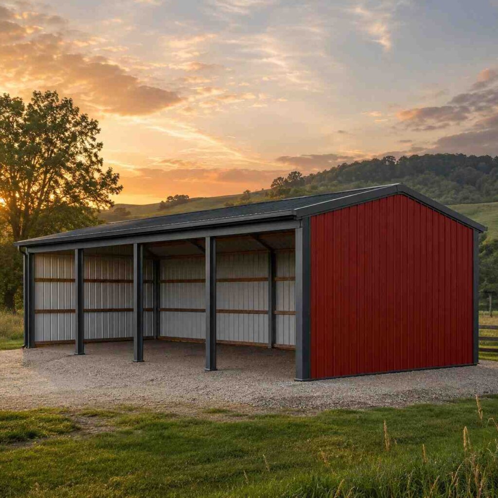 Open bay metal shed with red end wall and black frame on sunset farmland hills