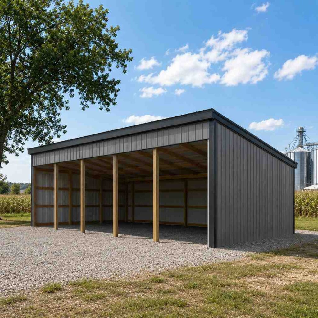 Open front metal shed with single slope roof and wood posts near grain bins