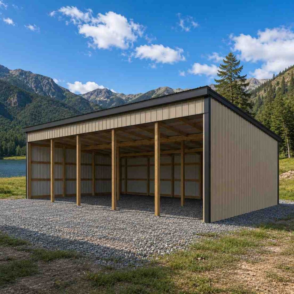 Open front steel barn loafing shed with wood posts beside a mountain lake pasture