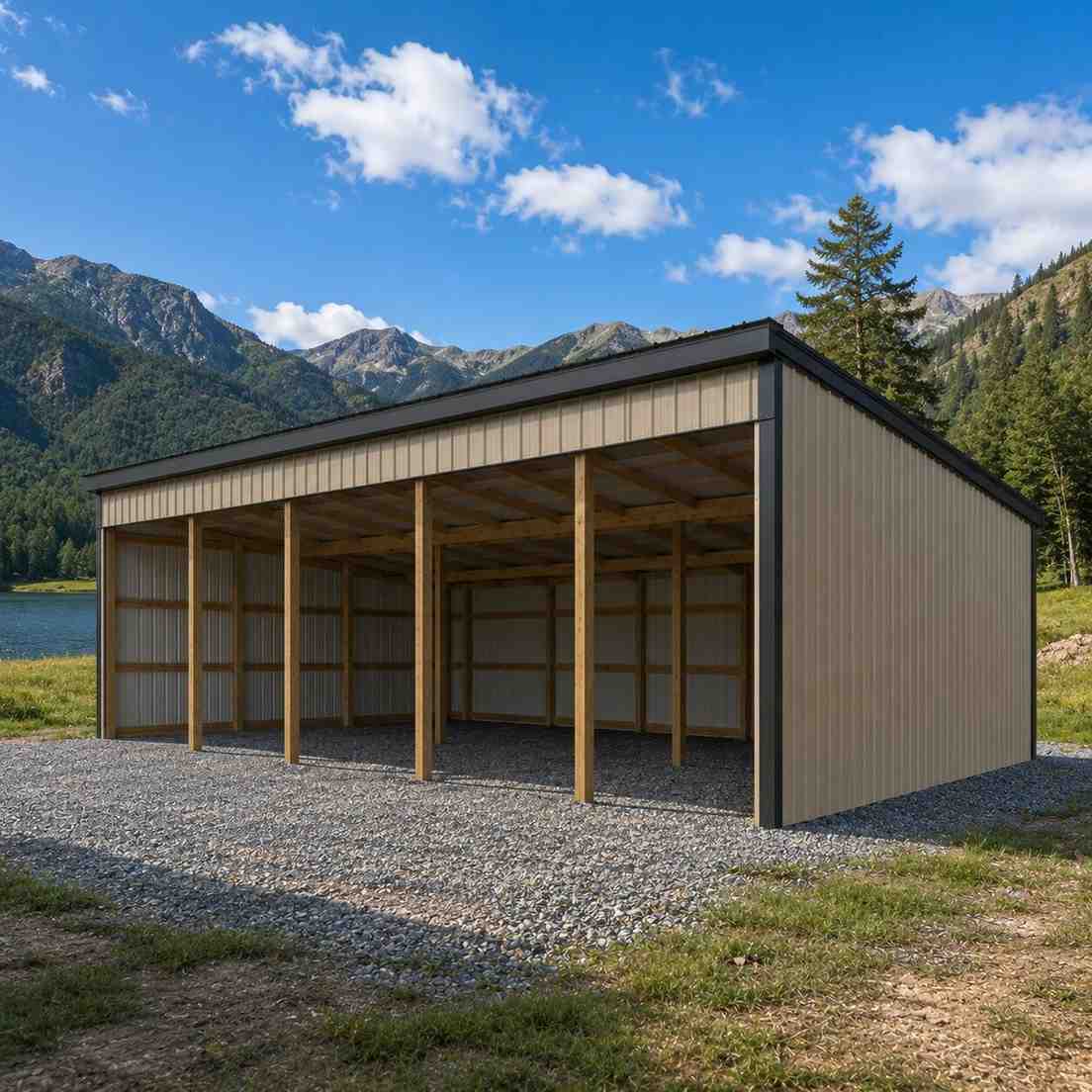 Open front steel barn loafing shed with wood posts beside a mountain lake pasture