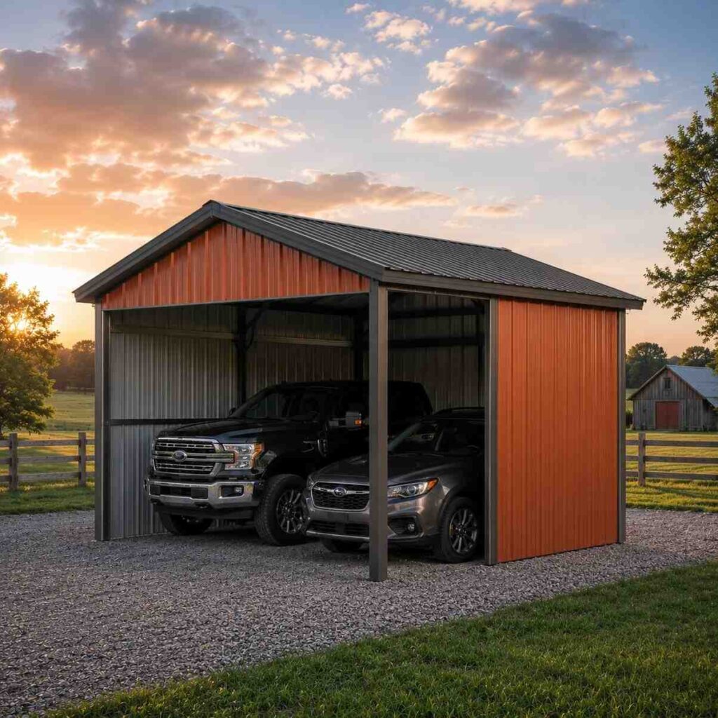 Orange steel carport with open front sheltering a pickup and SUV on a farm