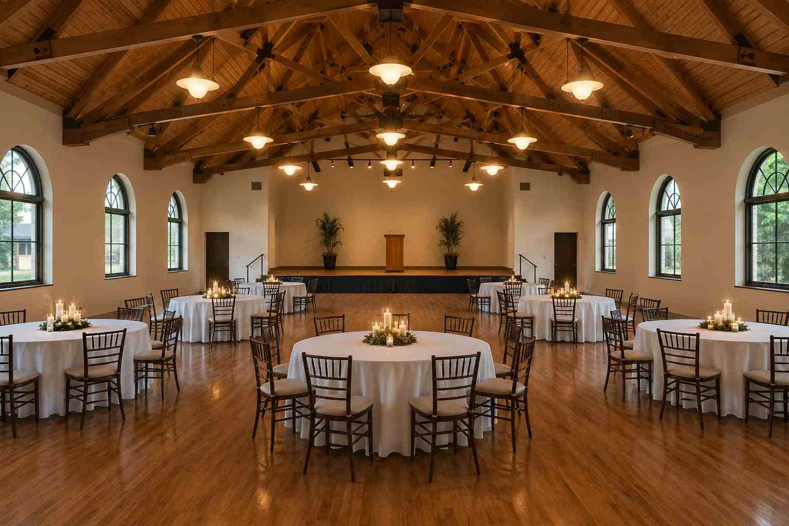 Banquet hall interior of a prefab metal building with wood trusses, round tables, and candlelight