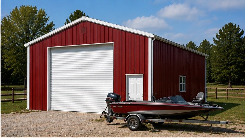 Barn red prefab metal building with white garage door and fishing boat on gravel drive