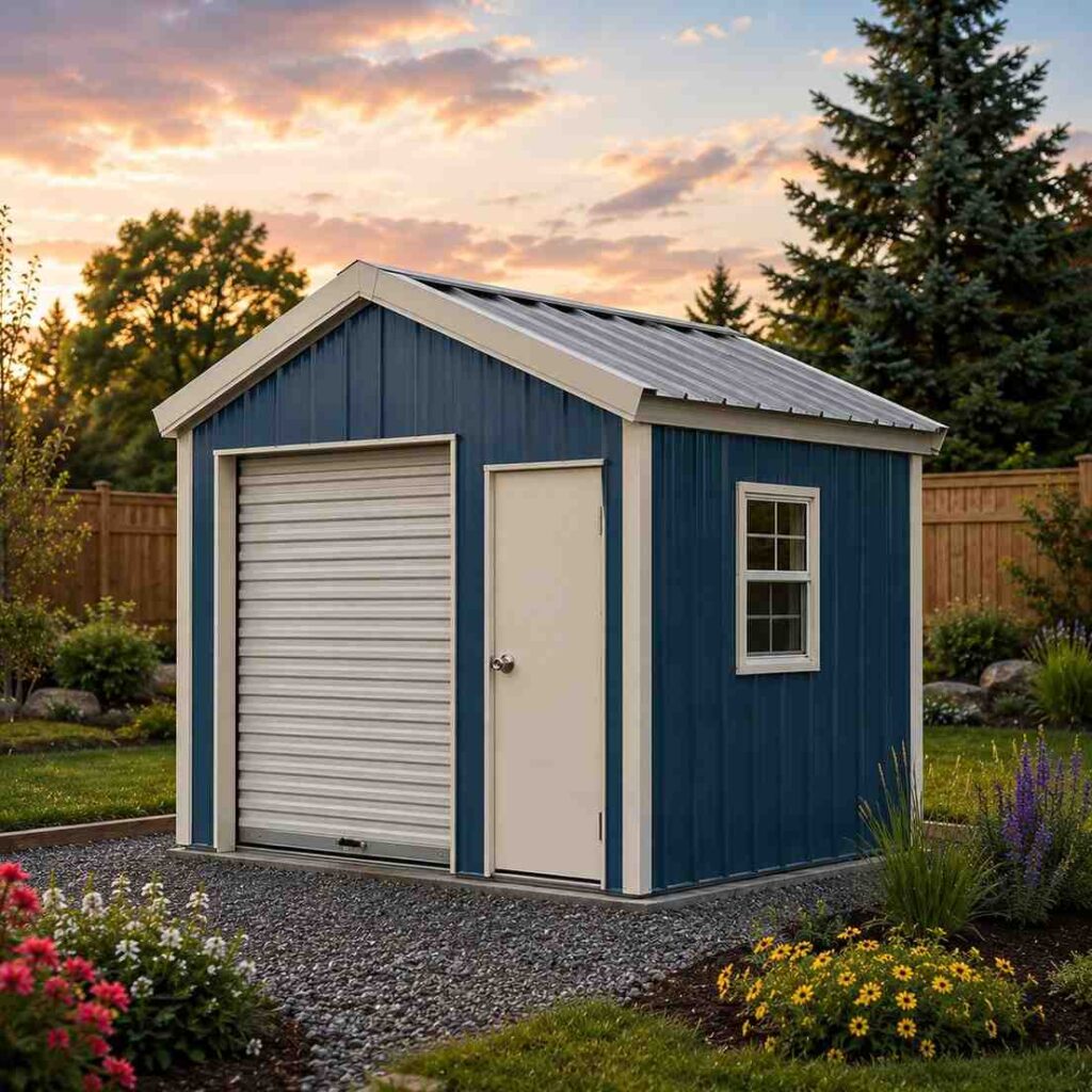 Blue prefab metal building with cream roll-up door and walk door in a flower garden