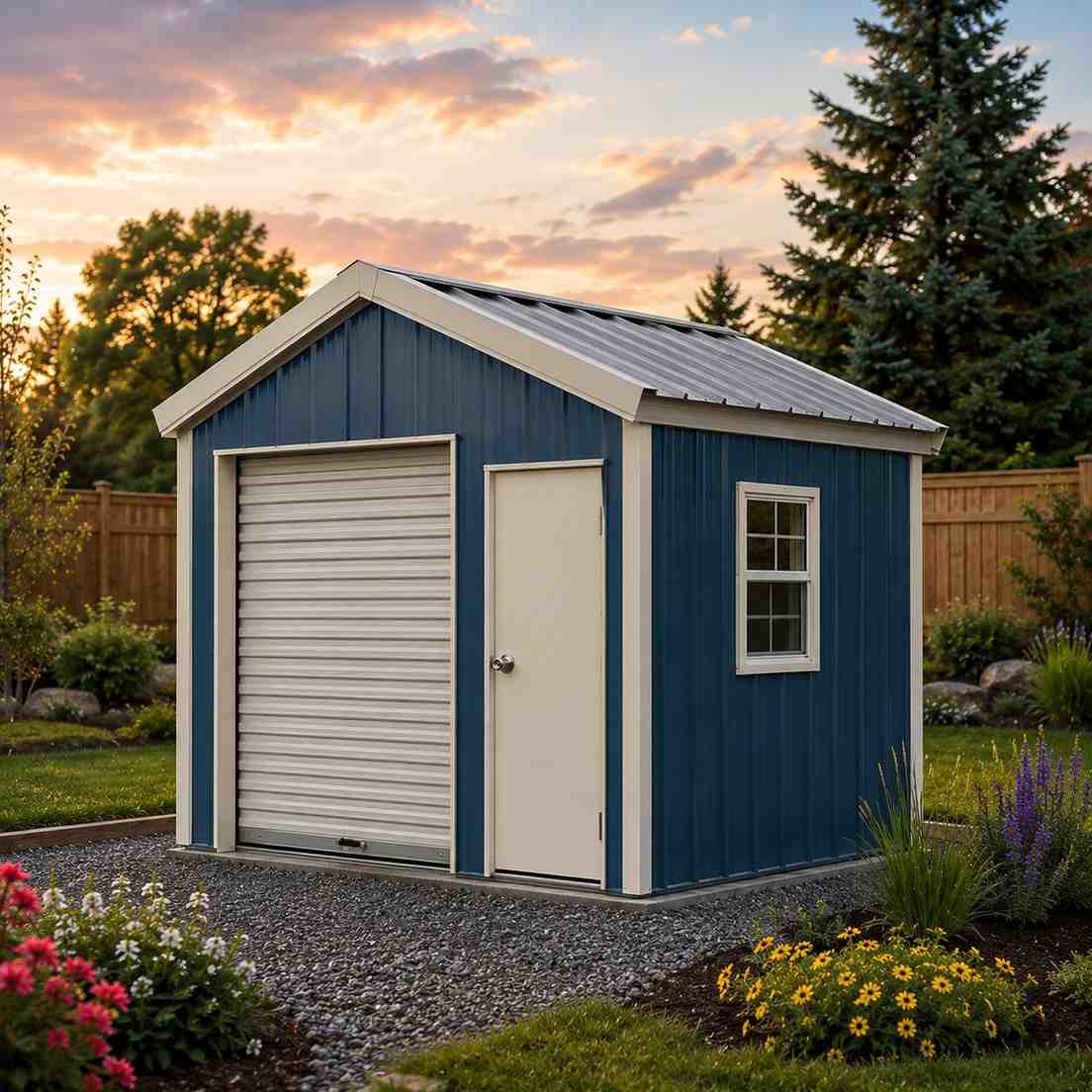 Blue prefab metal building with cream roll-up door and walk door in a flower garden