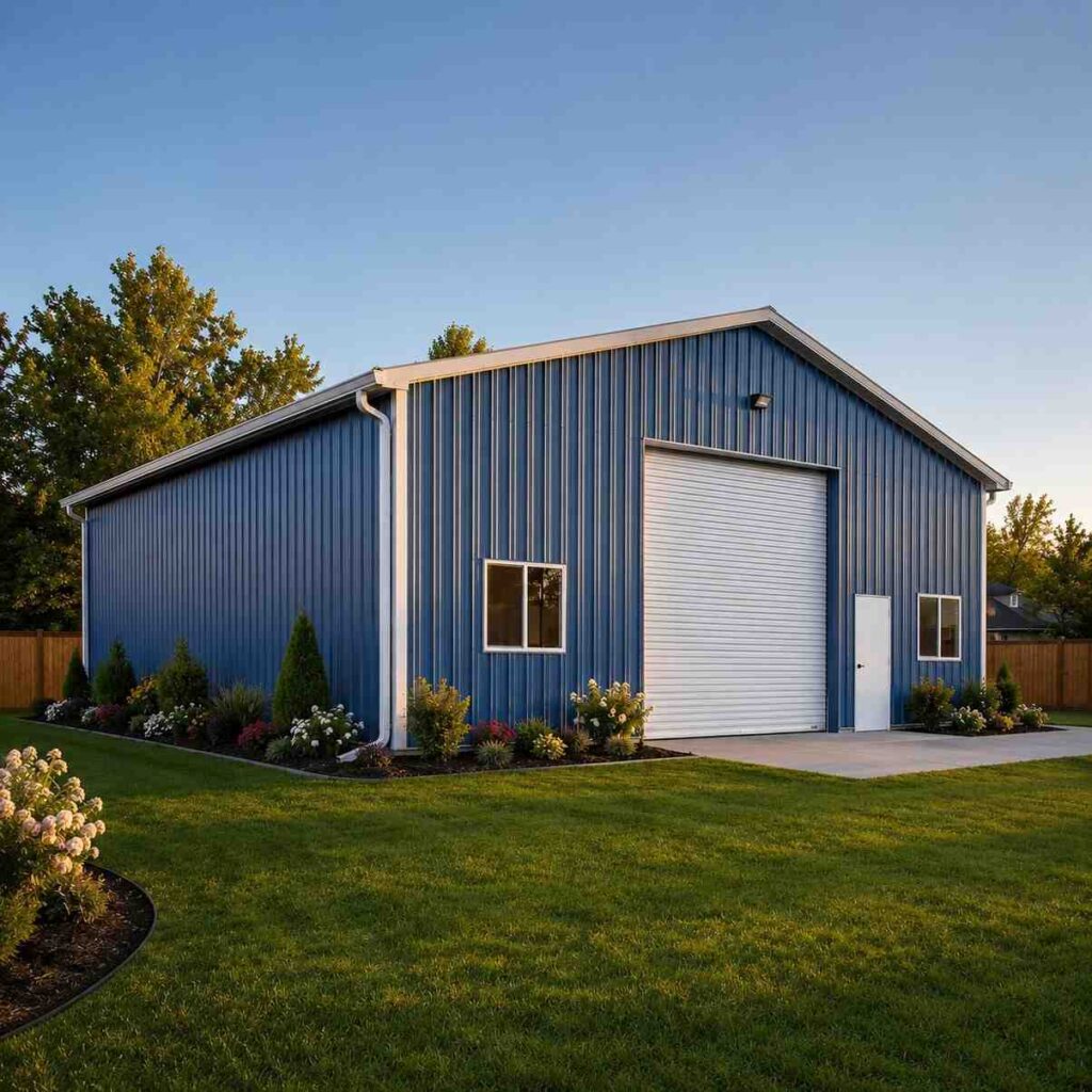 Blue prefab metal building with white roll-up door and windows on a landscaped lawn
