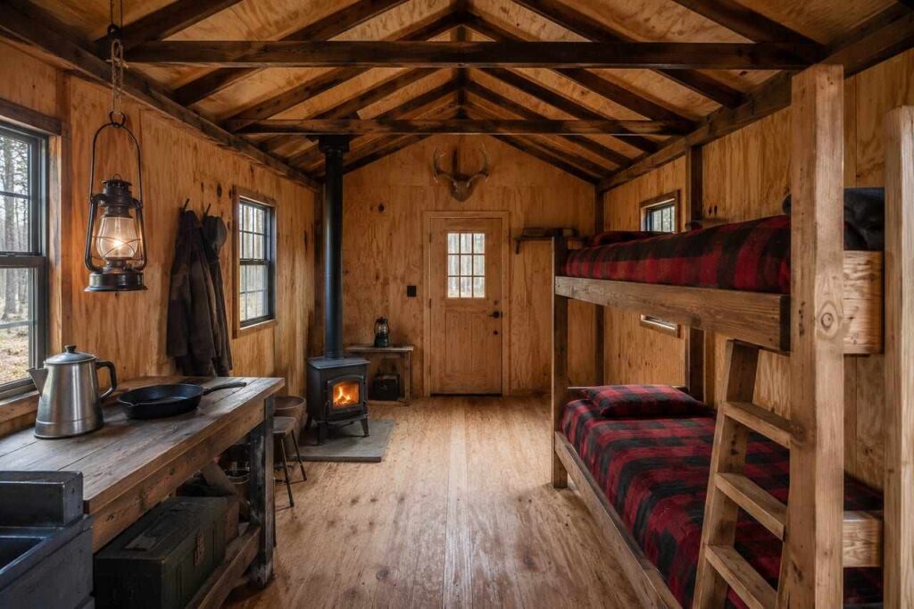 Rustic cabin interior inside a prefab metal building with wood stove, bunk beds, and lantern