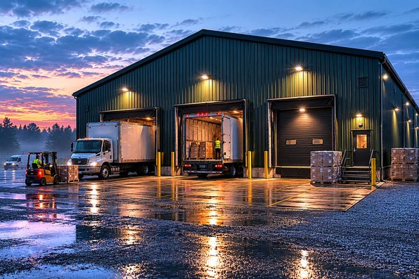 Forest green prefab metal building with lit loading docks and trucks at dawn