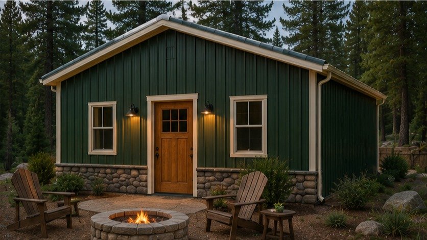 Forest green prefab metal building cabin with stone wainscot, wood door, and fire pit